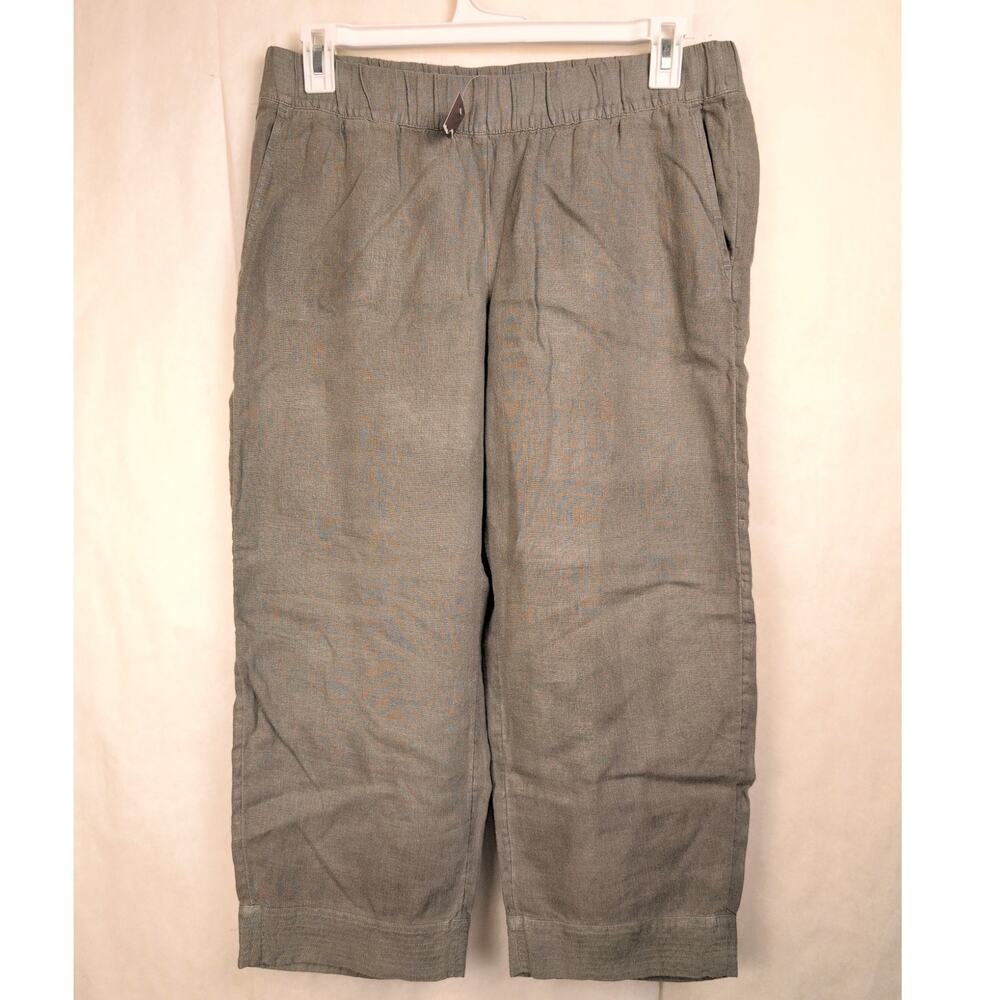 New Pure Jill garment dyed linen cropped wide leg pants Size Med Green Organic